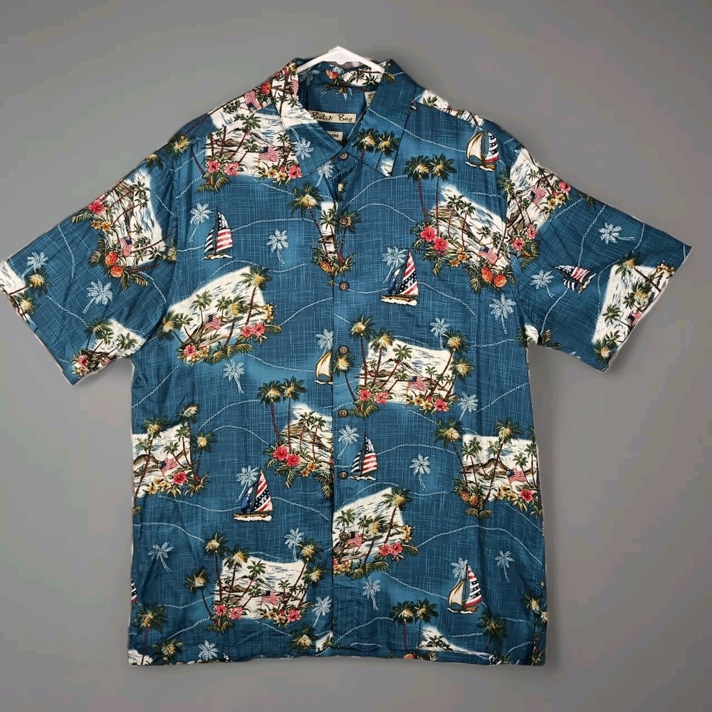 Batik Bay Hawaiian Shirt Men Large Blue Patriotic American Flag Sailboat Rayon